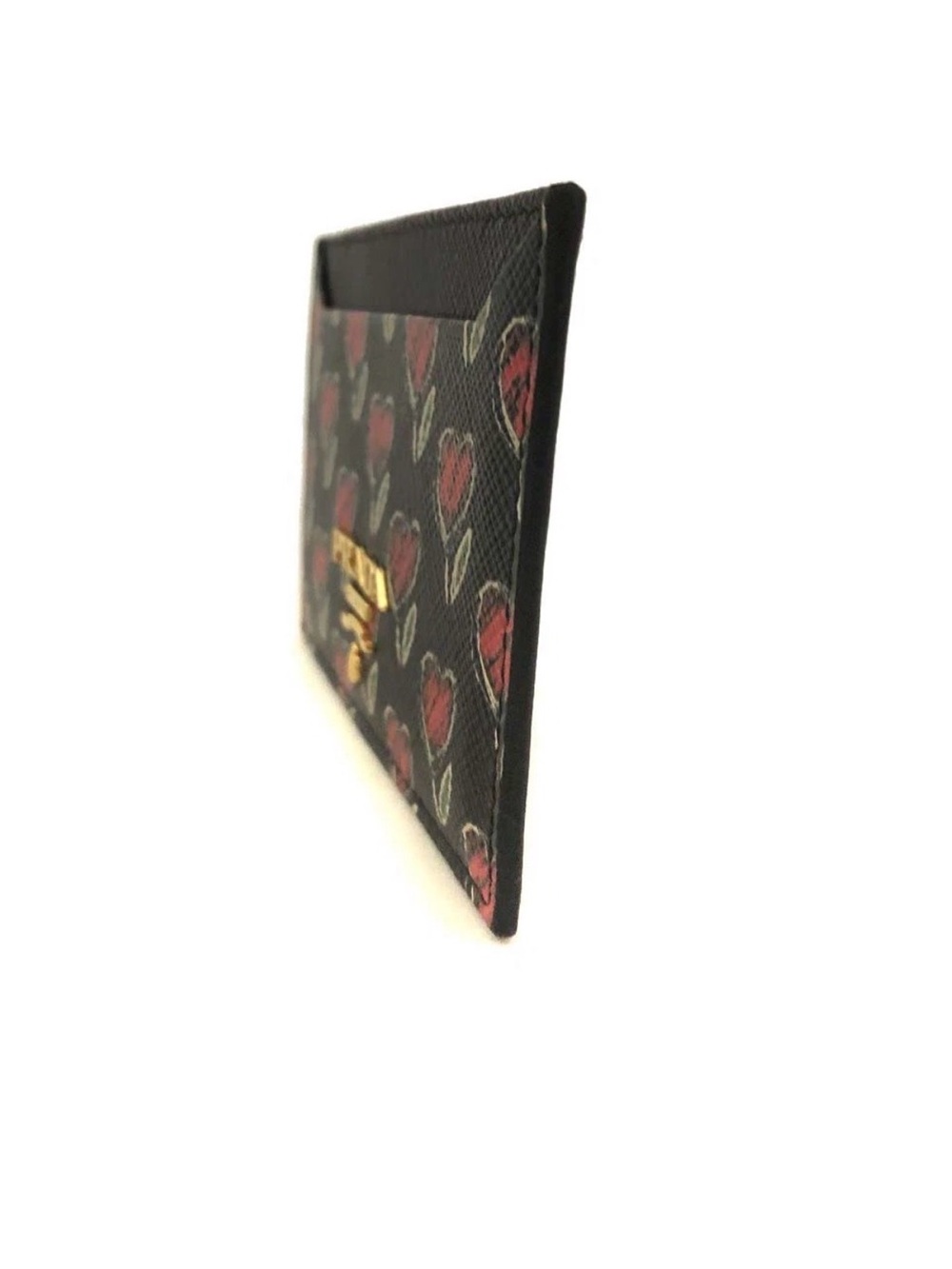 Prada Black Leather Card Holder with Red Heart Tulip Motif - Picture 3 of 7